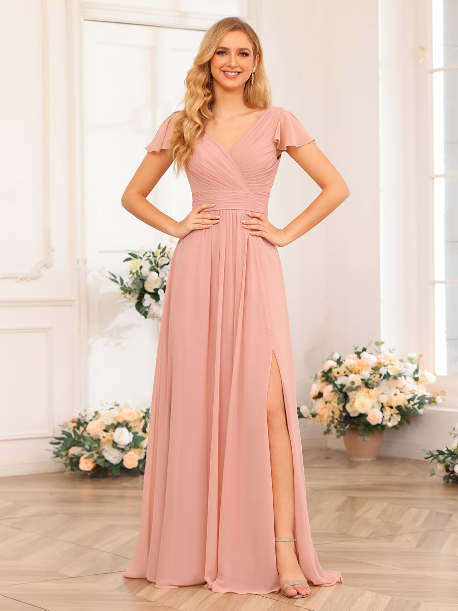 A-Line/Princess V-Neck Long Wedding Party Dresses with Split Side &amp; Pockets