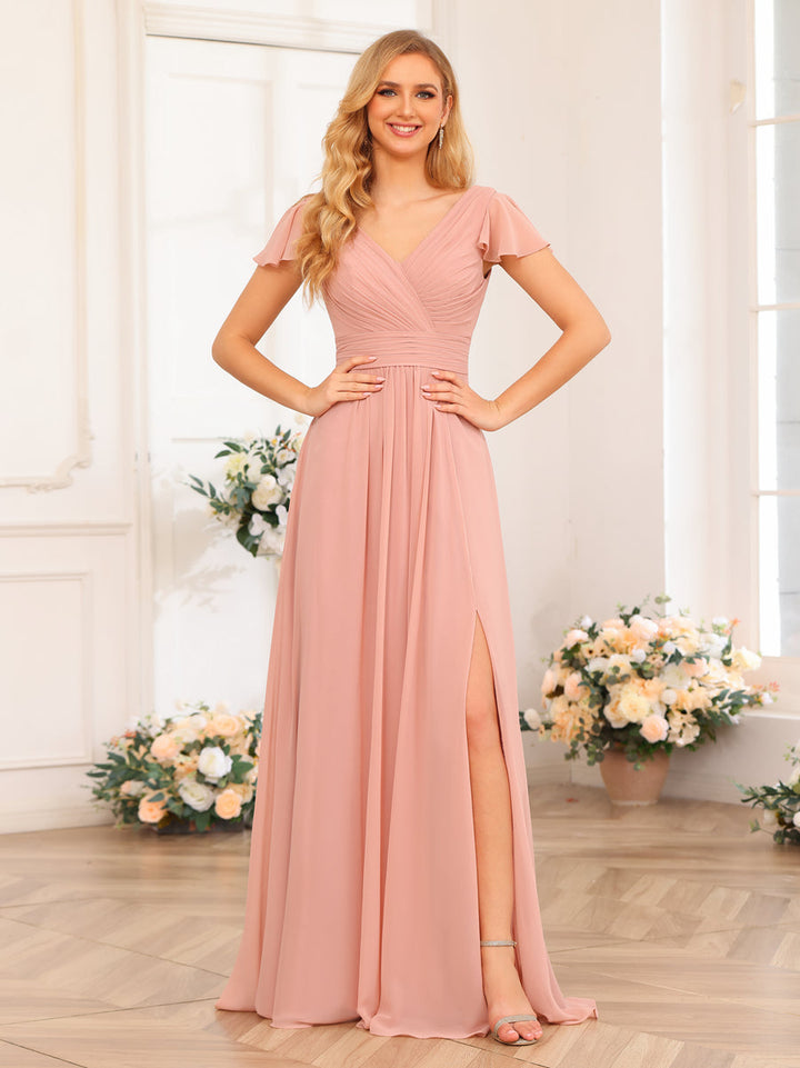 A-Line/Princess V-Neck Long Wedding Party Dresses with Split Side &amp; Pockets