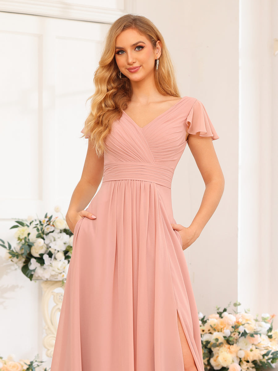 A-Line/Princess V-Neck Long Wedding Party Dresses with Split Side & Pockets