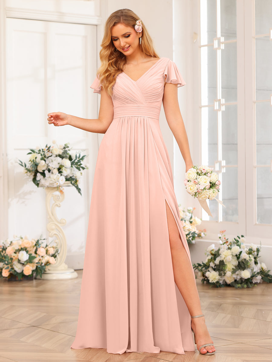A-Line/Princess V-Neck Long Wedding Party Dresses with Split Side &amp; Pockets