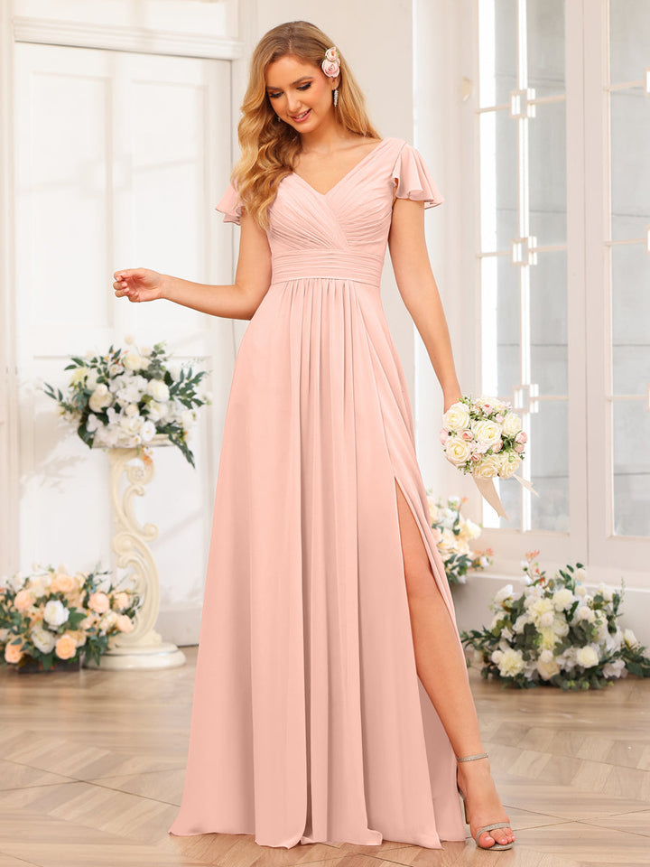 A-Line/Princess V-Neck Long Wedding Party Dresses with Split Side &amp; Pockets