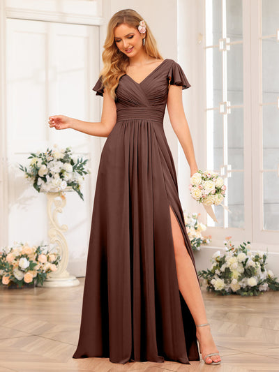 A-Line/Princess V-Neck Long Wedding Party Dresses with Split Side & Pockets