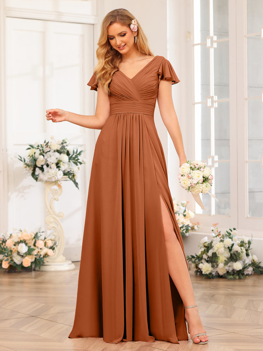 A-Line/Princess V-Neck Long Wedding Party Dresses with Split Side &amp; Pockets