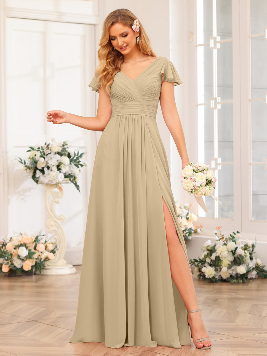A-Line/Princess V-Neck Long Wedding Party Dresses with Split Side &amp; Pockets