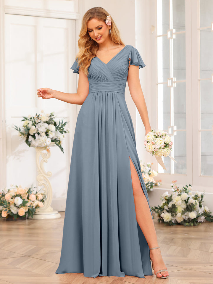 A-Line/Princess V-Neck Long Wedding Party Dresses with Split Side &amp; Pockets
