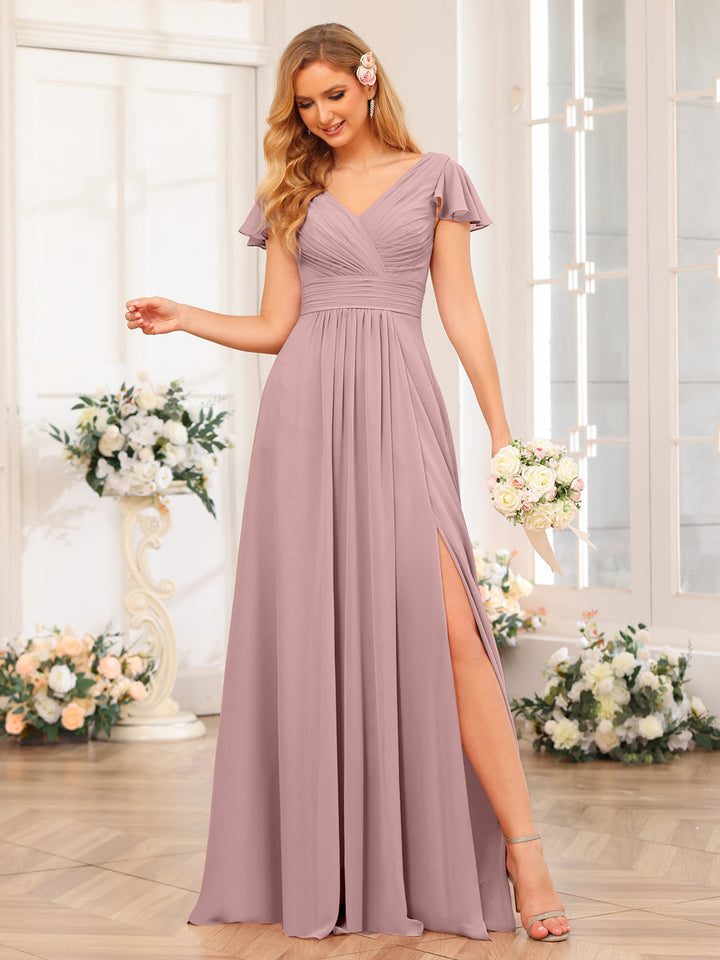 A-Line/Princess V-Neck Long Wedding Party Dresses with Split Side &amp; Pockets