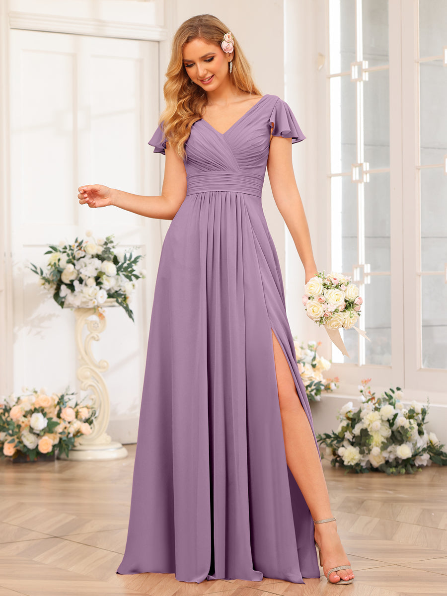 A-Line/Princess V-Neck Long Wedding Party Dresses with Split Side &amp; Pockets