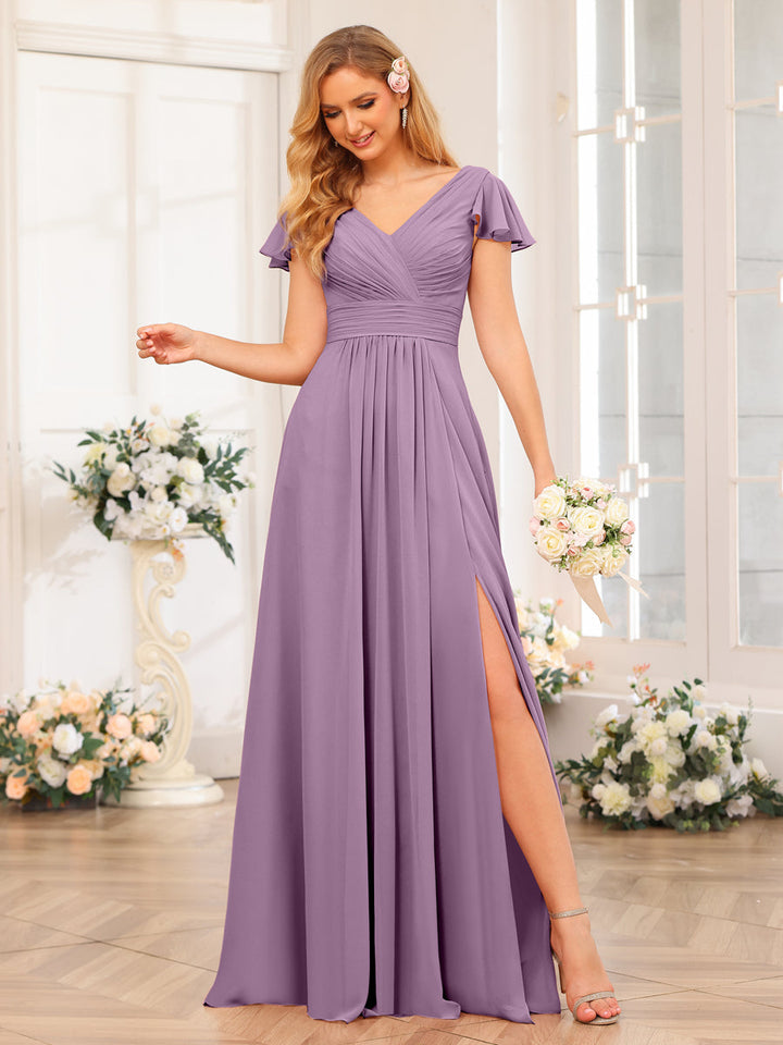 A-Line/Princess V-Neck Long Wedding Party Dresses with Split Side &amp; Pockets