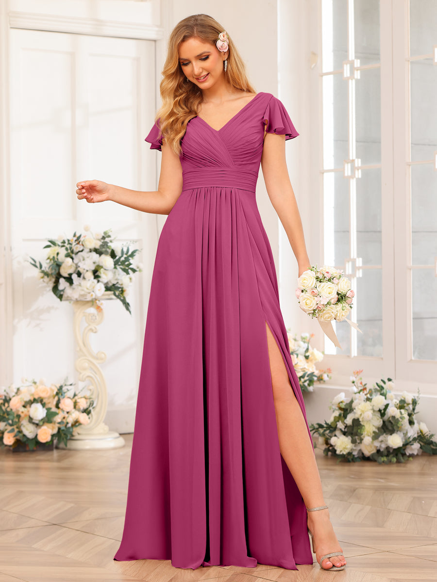A-Line/Princess V-Neck Long Wedding Party Dresses with Split Side &amp; Pockets