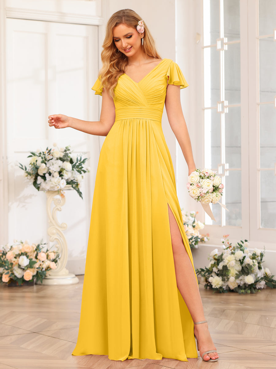 A-Line/Princess V-Neck Long Wedding Party Dresses with Split Side &amp; Pockets