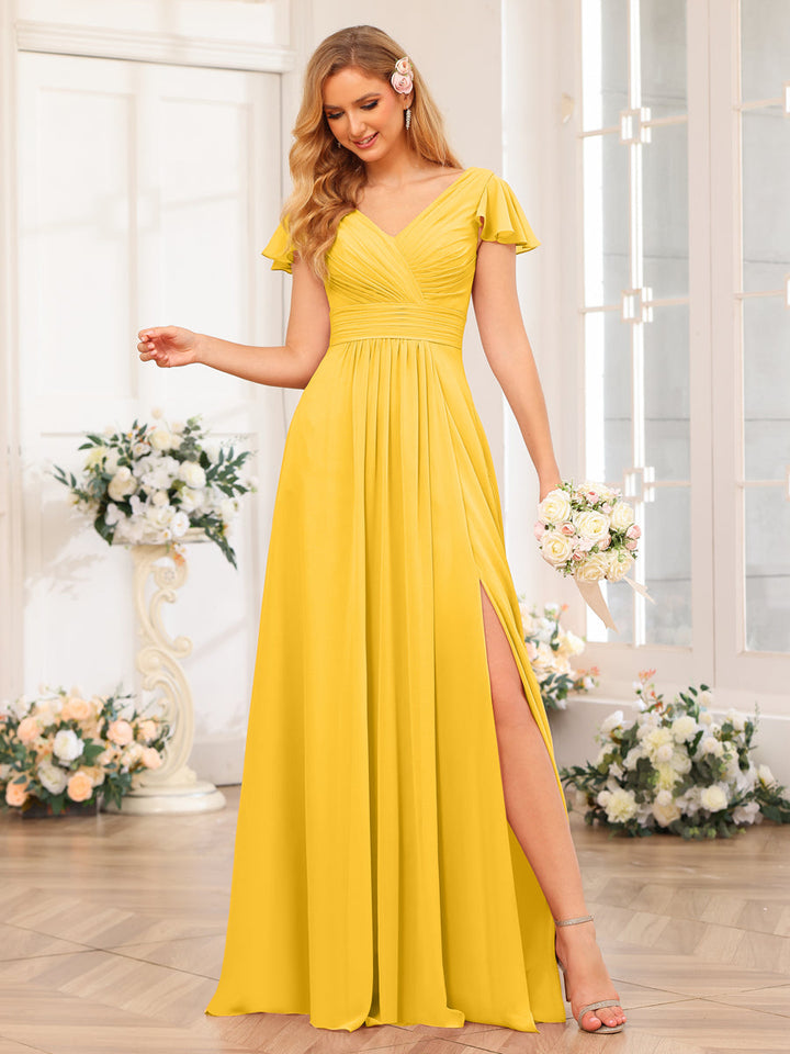 A-Line/Princess V-Neck Long Wedding Party Dresses with Split Side &amp; Pockets