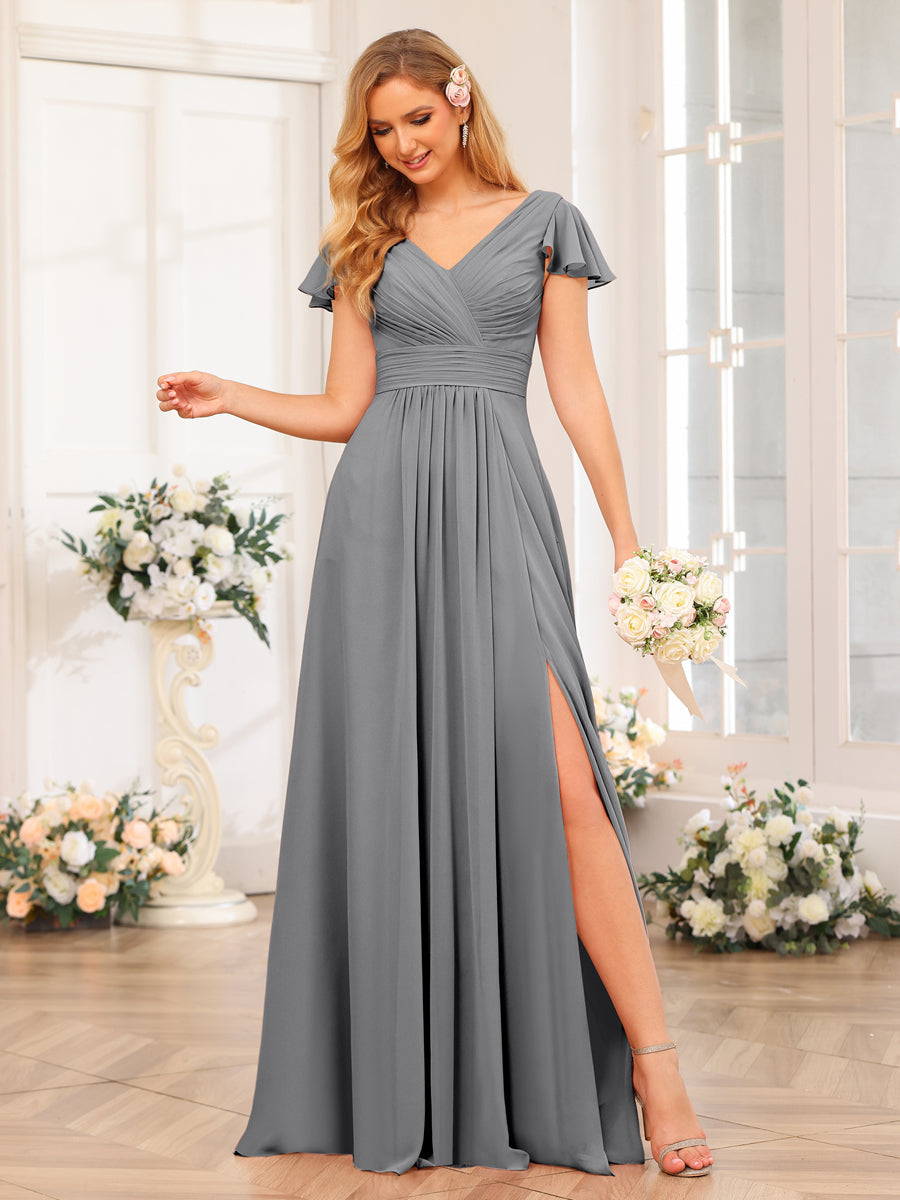 A-Line/Princess V-Neck Long Wedding Party Dresses with Split Side &amp; Pockets