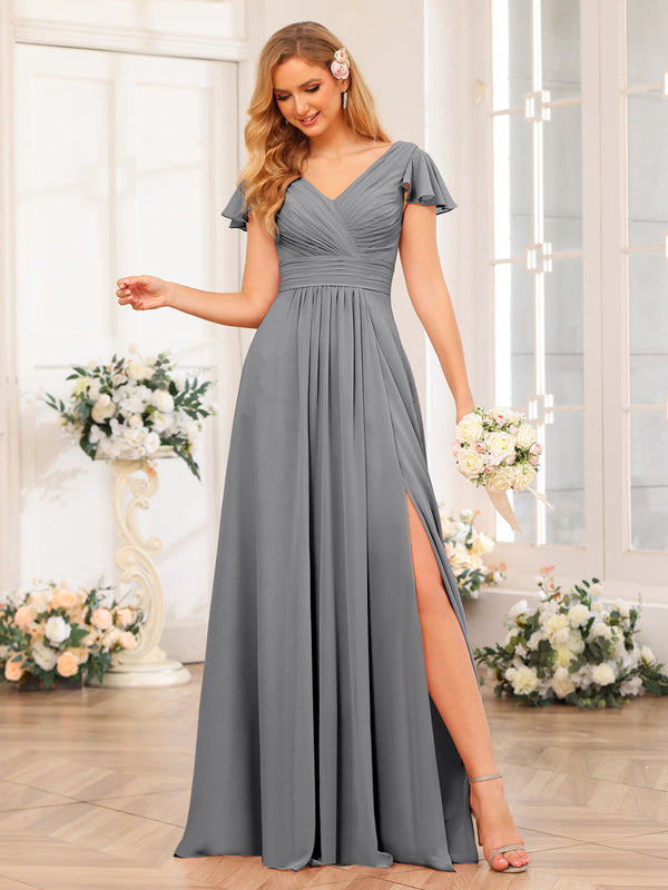 A-Line/Princess V-Neck Long Wedding Party Dresses with Split Side & Pockets