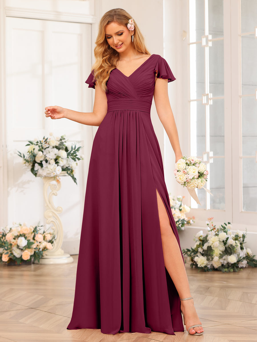 A-Line/Princess V-Neck Long Wedding Party Dresses with Split Side &amp; Pockets