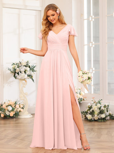 A-Line/Princess V-Neck Long Wedding Party Dresses with Split Side & Pockets