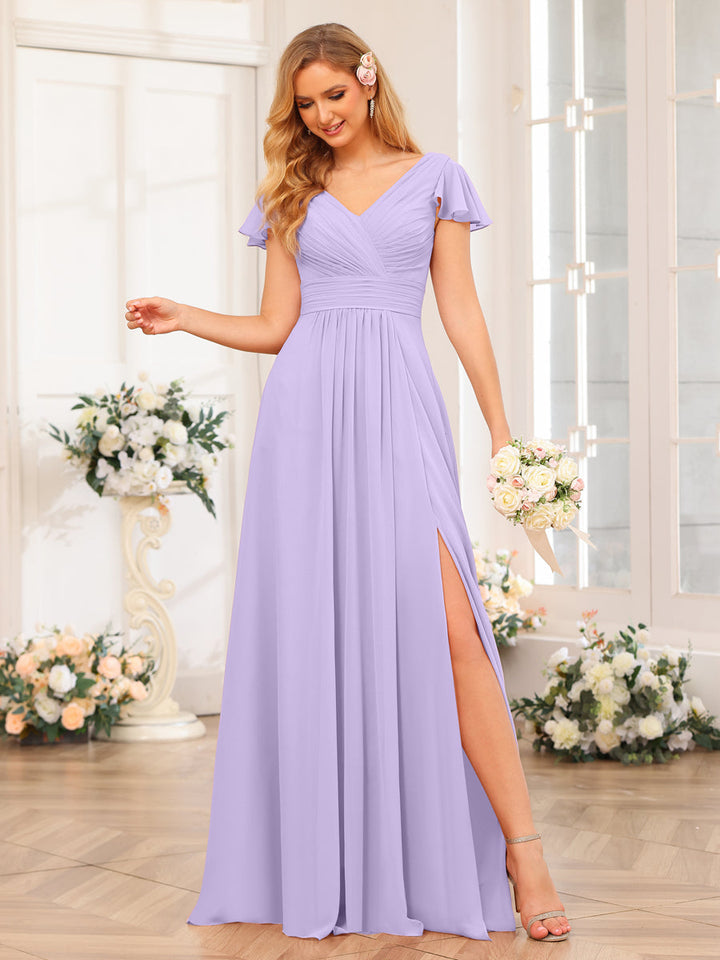 A-Line/Princess V-Neck Long Wedding Party Dresses with Split Side &amp; Pockets