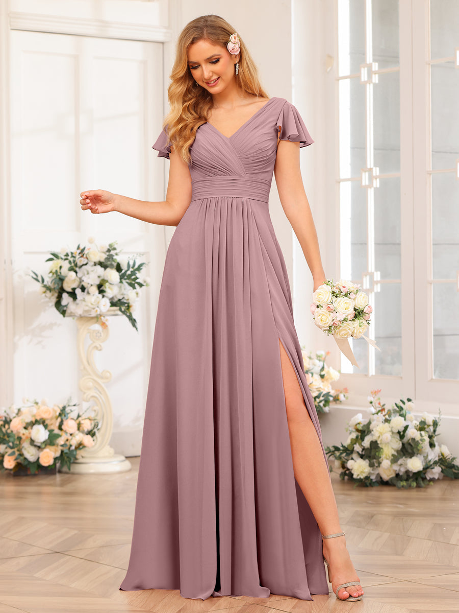 A-Line/Princess V-Neck Long Wedding Party Dresses with Split Side & Pockets