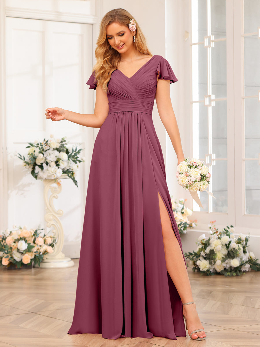 A-Line/Princess V-Neck Long Wedding Party Dresses with Split Side & Pockets