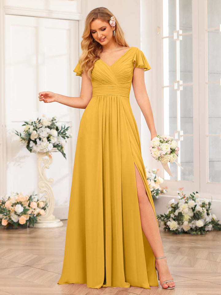 A-Line/Princess V-Neck Long Wedding Party Dresses with Split Side &amp; Pockets