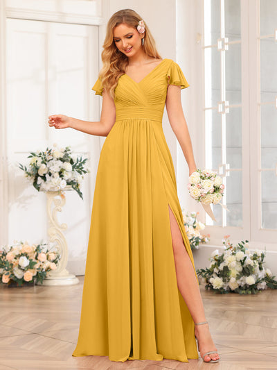 A-Line/Princess V-Neck Long Wedding Party Dresses with Split Side & Pockets