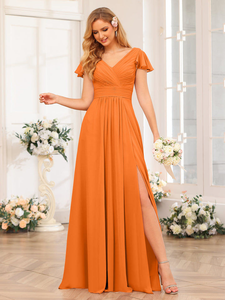 A-Line/Princess V-Neck Long Wedding Party Dresses with Split Side &amp; Pockets