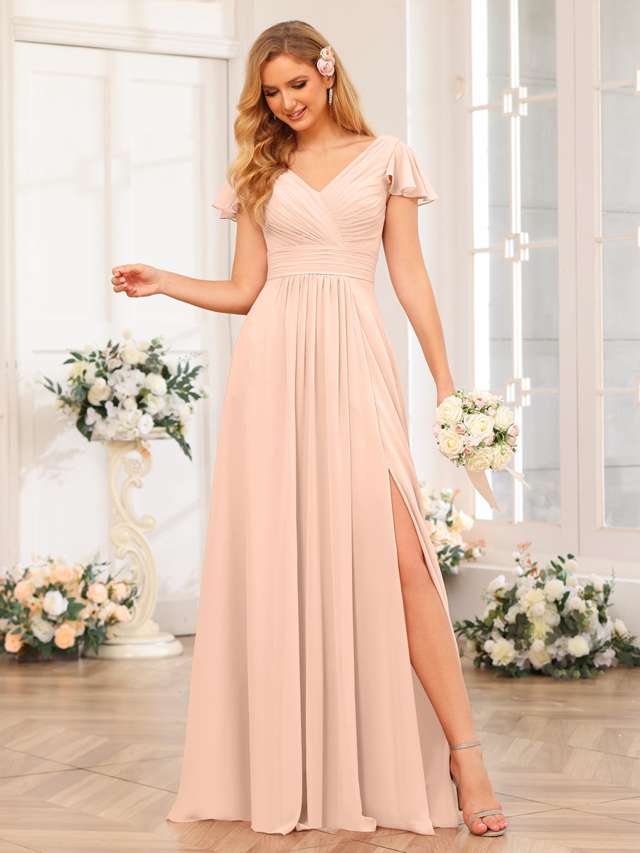 A-Line/Princess V-Neck Long Wedding Party Dresses with Split Side &amp; Pockets