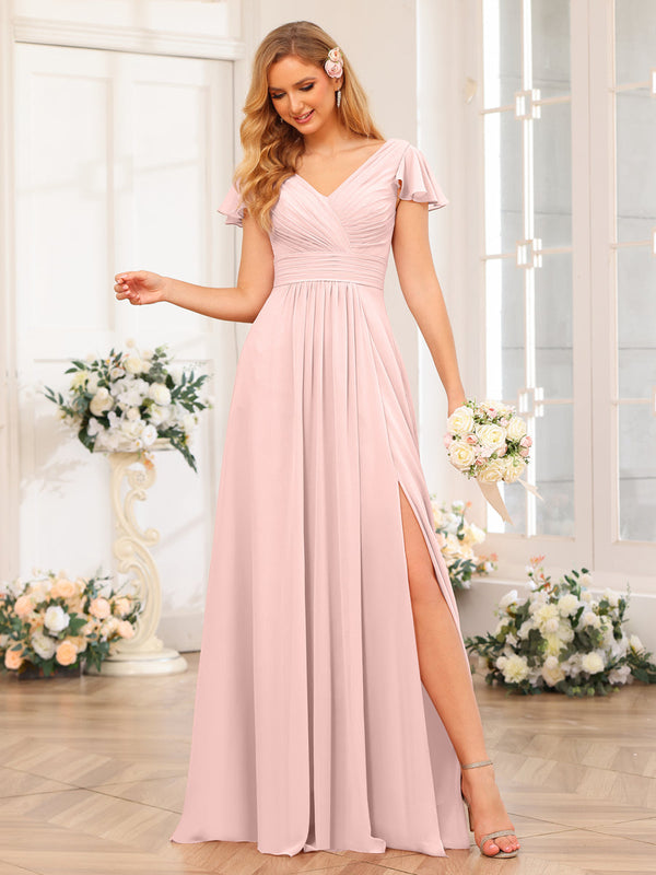 A-Line/Princess V-Neck Long Wedding Party Dresses with Split Side & Pockets