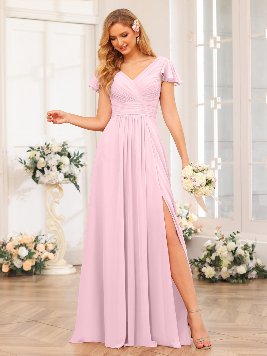 A-Line/Princess V-Neck Long Wedding Party Dresses with Split Side &amp; Pockets