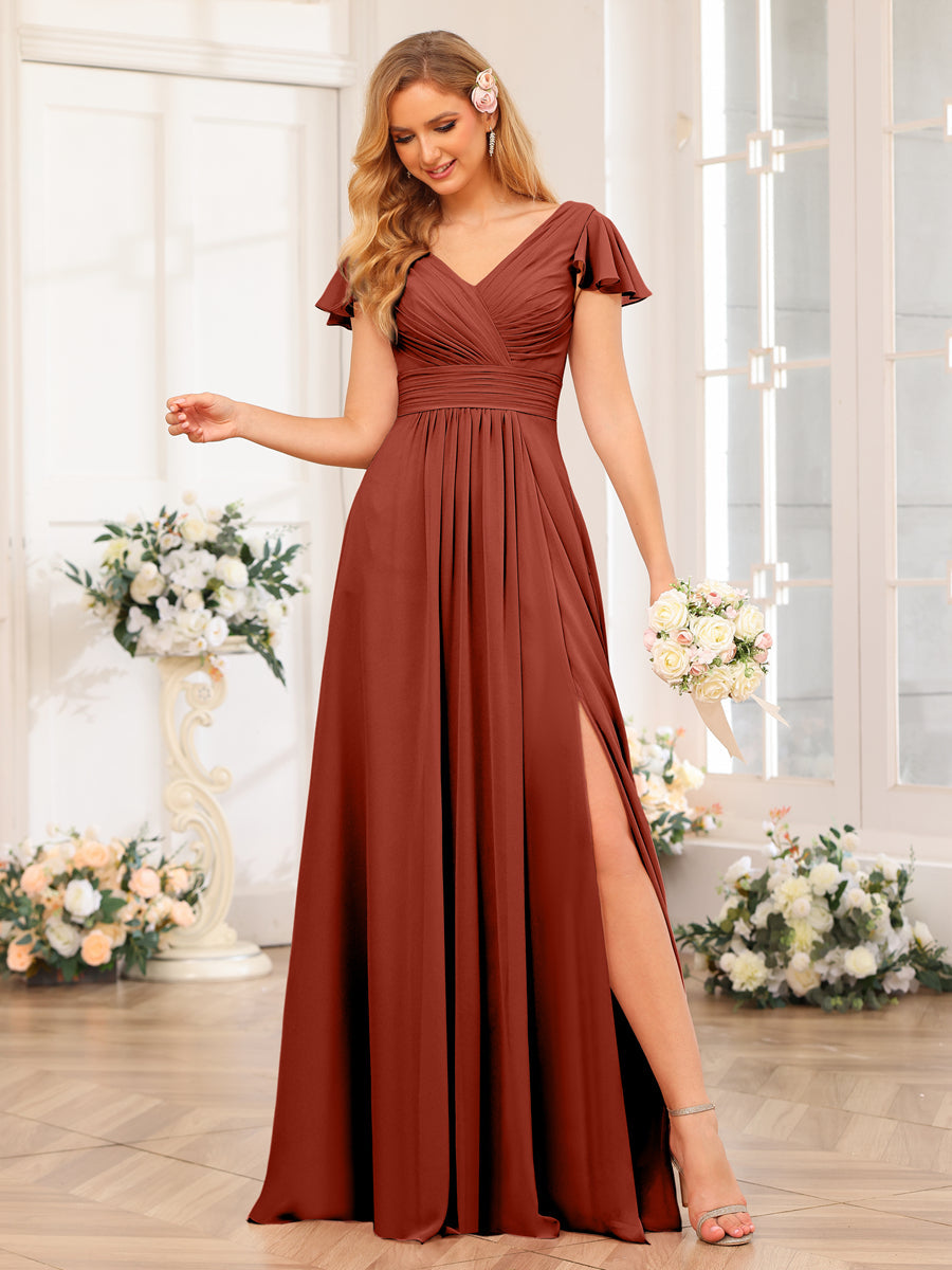 A-Line/Princess V-Neck Long Wedding Party Dresses with Split Side &amp; Pockets