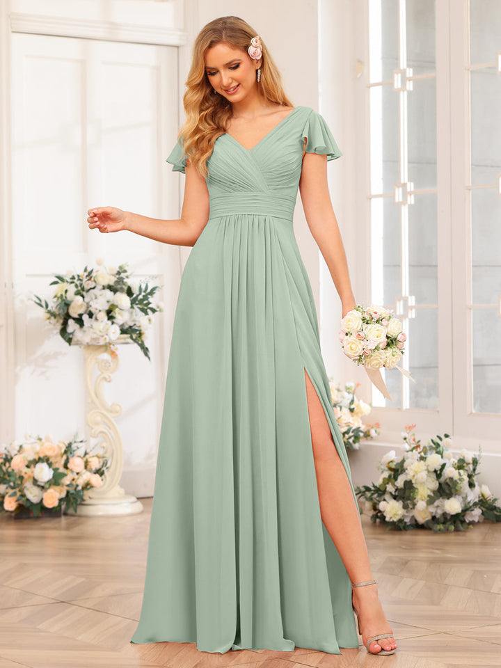 A-Line/Princess V-Neck Long Wedding Party Dresses with Split Side &amp; Pockets