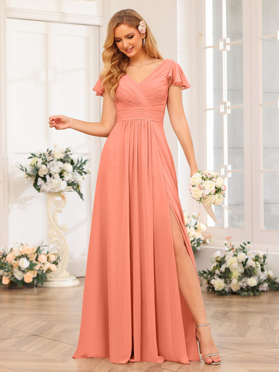 A-Line/Princess V-Neck Long Wedding Party Dresses with Split Side & Po – Lavetir