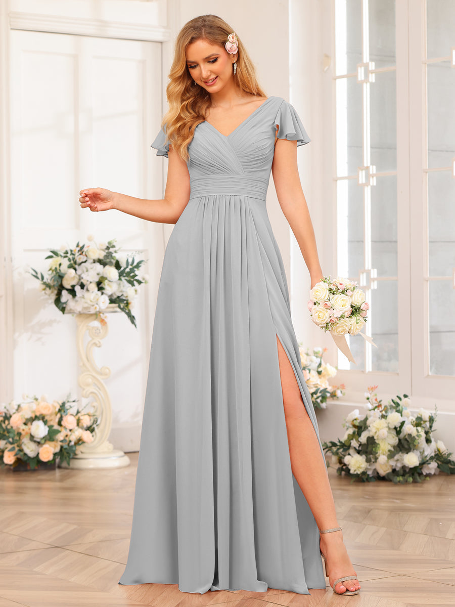 A-Line/Princess V-Neck Long Wedding Party Dresses with Split Side &amp; Pockets
