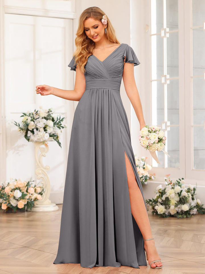 A-Line/Princess V-Neck Long Wedding Party Dresses with Split Side &amp; Pockets