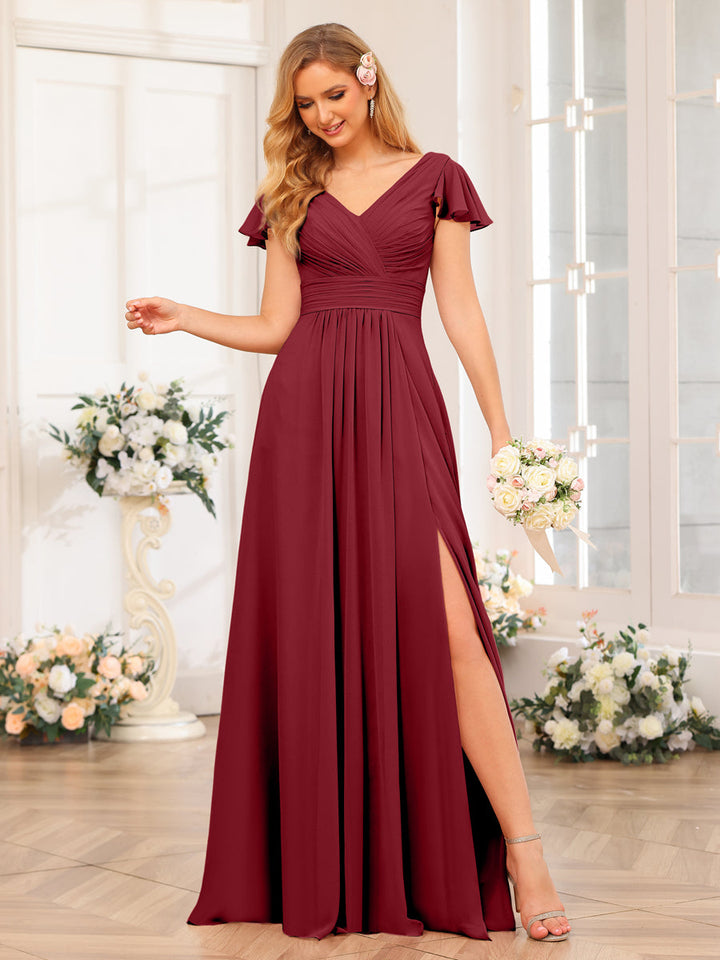 A-Line/Princess V-Neck Long Wedding Party Dresses with Split Side &amp; Pockets