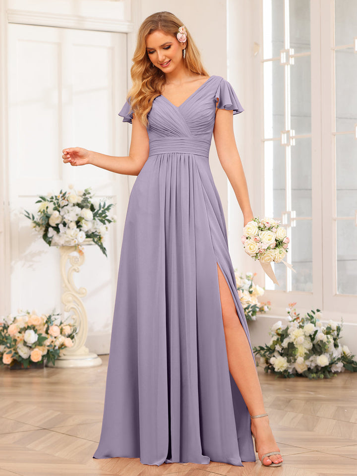 A-Line/Princess V-Neck Long Wedding Party Dresses with Split Side &amp; Pockets