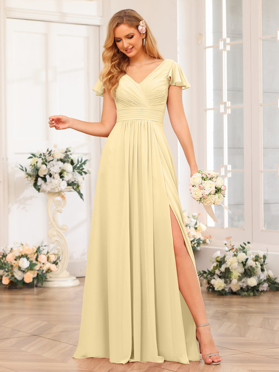 A-Line/Princess V-Neck Long Wedding Party Dresses with Split Side &amp; Pockets