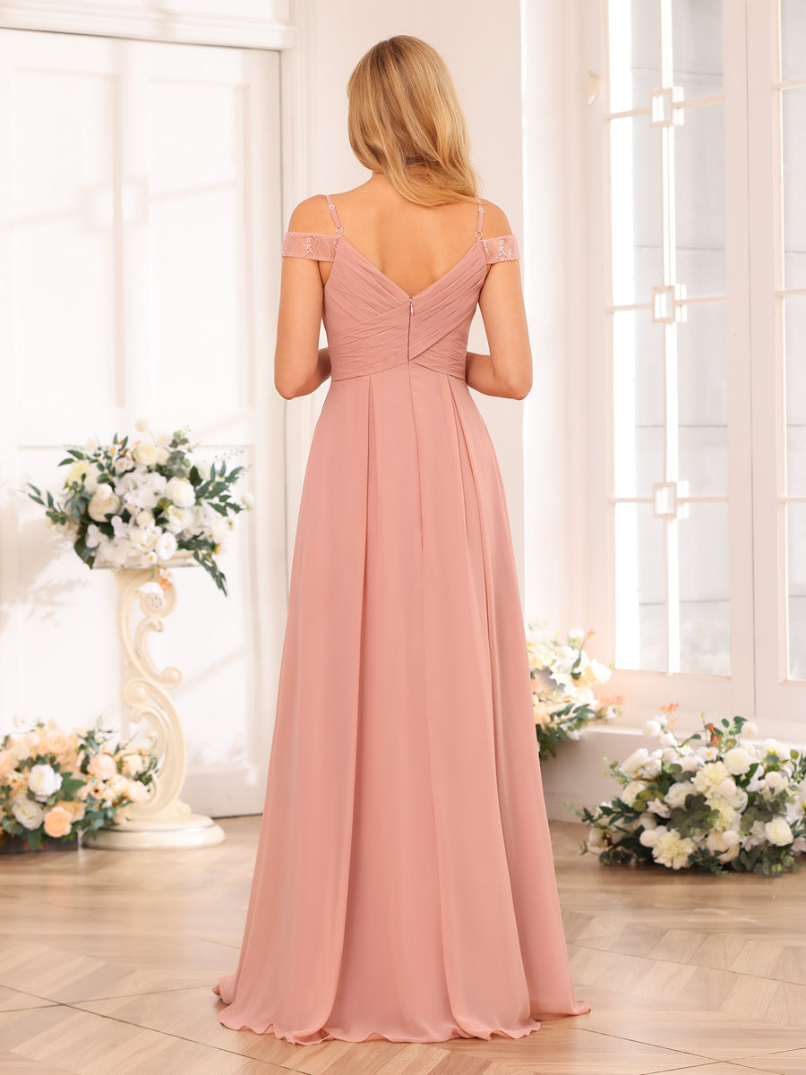 A-Line/Princess Spaghetti Straps Long Wedding Party Dresses with Split Side &amp; Pockets