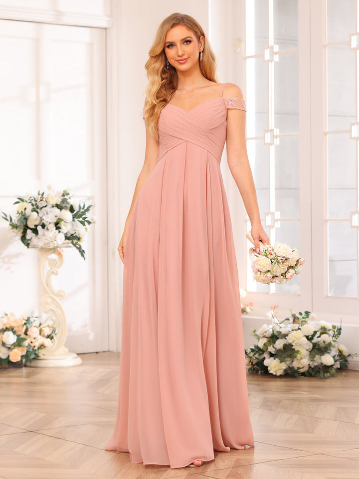 A-Line/Princess Spaghetti Straps Long Wedding Party Dresses with Split Side &amp; Pockets