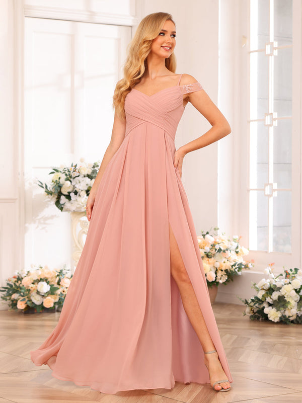 A-Line/Princess Spaghetti Straps Long Wedding Party Dresses with Split Side & Pockets