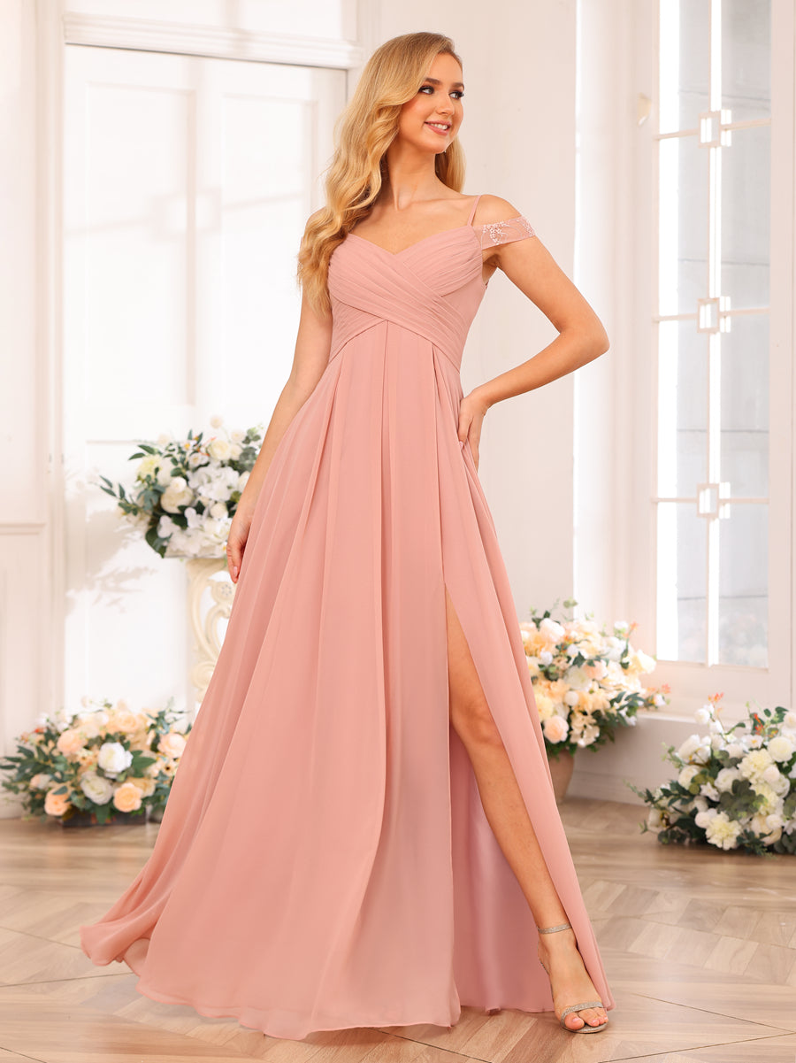A-Line/Princess Spaghetti Straps Long Wedding Party Dresses with Split Side & Pockets
