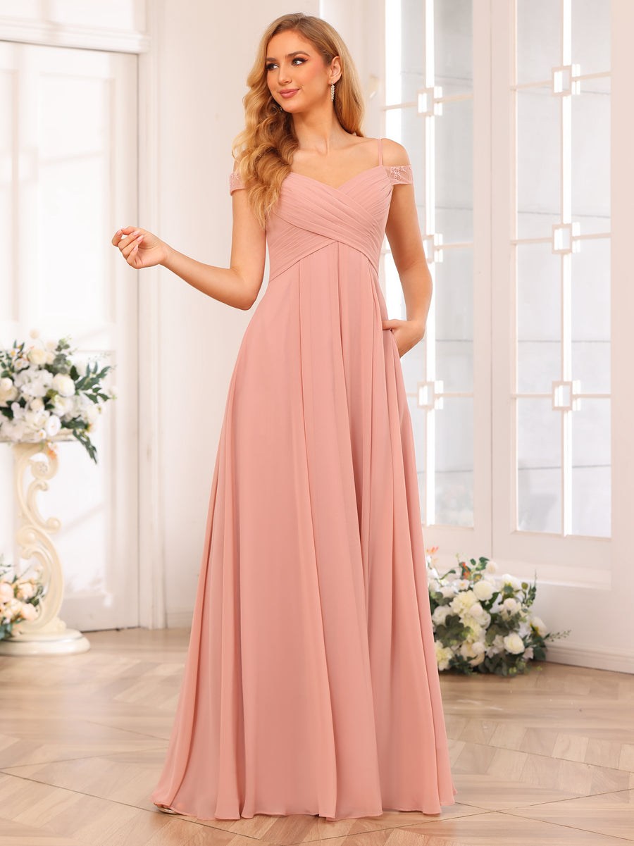 A-Line/Princess Spaghetti Straps Long Wedding Party Dresses with Split Side &amp; Pockets