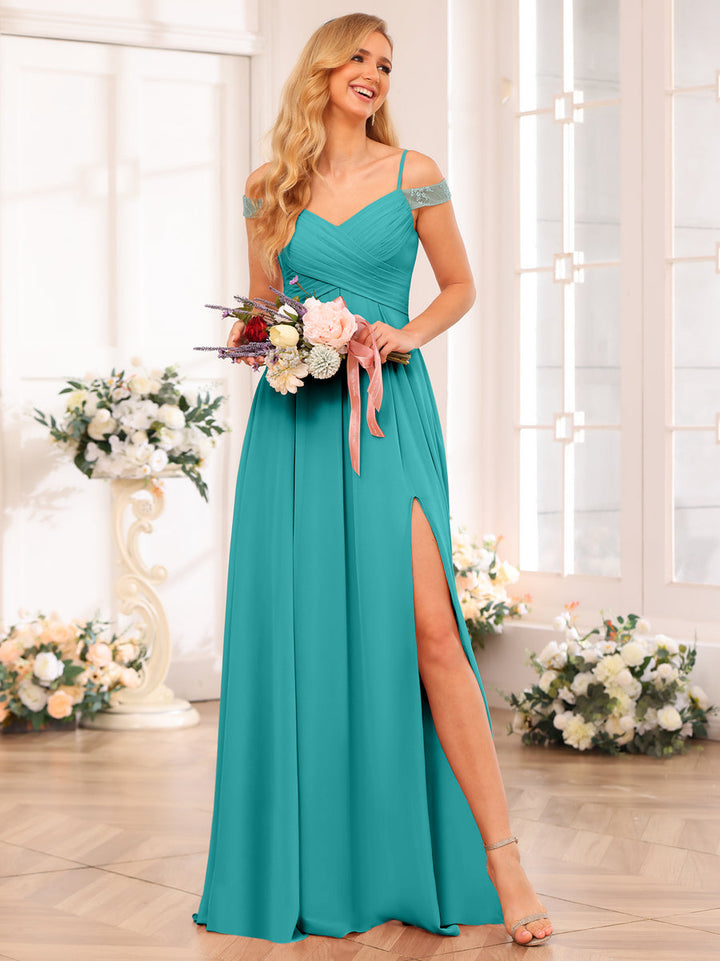 A-Line/Princess Spaghetti Straps Long Wedding Party Dresses with Split Side &amp; Pockets