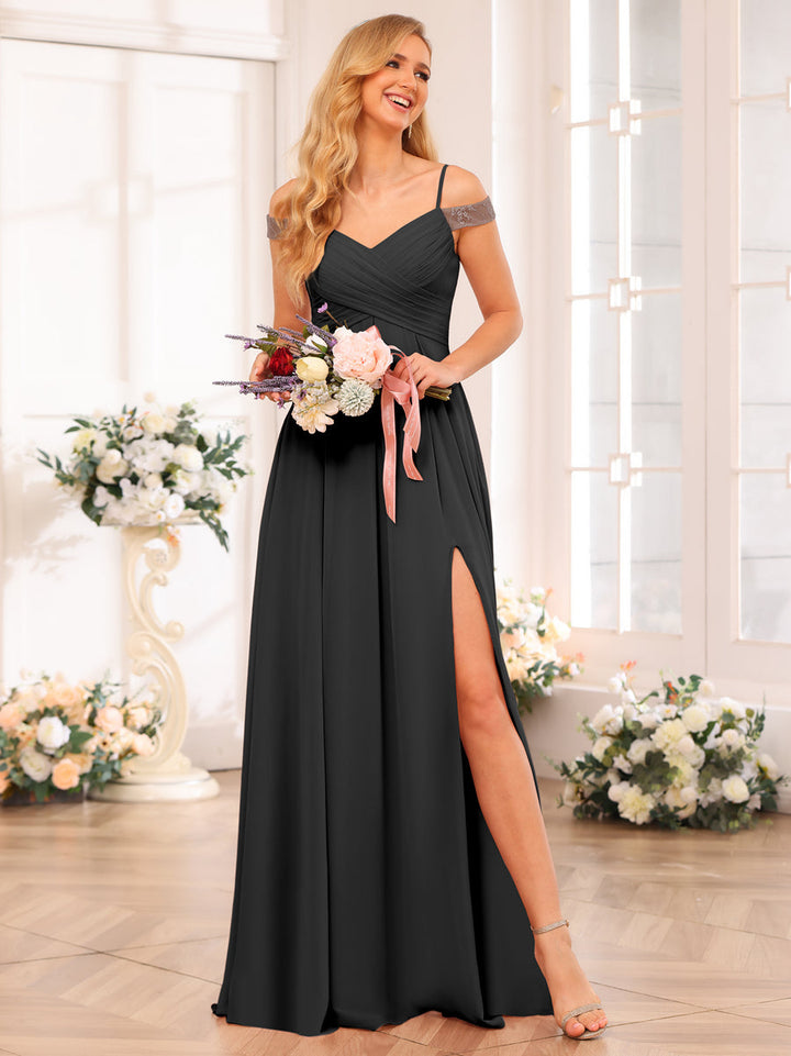 A-Line/Princess Spaghetti Straps Long Wedding Party Dresses with Split Side &amp; Pockets