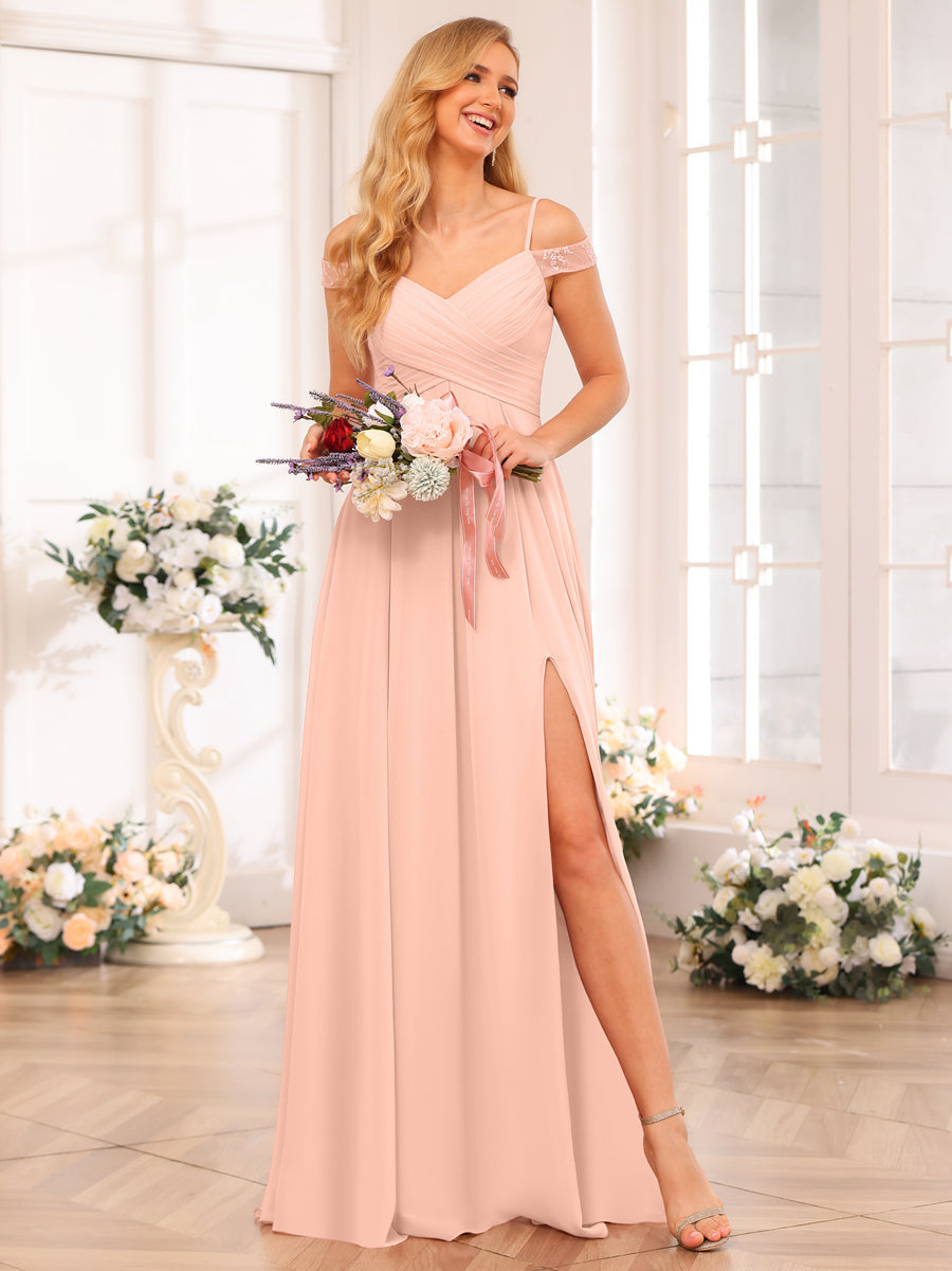 A-Line/Princess Spaghetti Straps Long Wedding Party Dresses with Split Side &amp; Pockets
