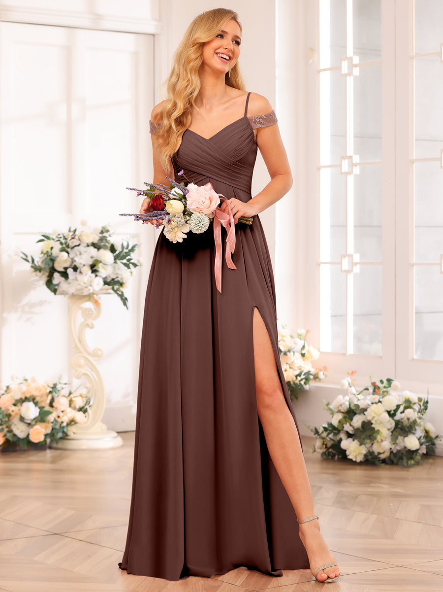 A-Line/Princess Spaghetti Straps Long Wedding Party Dresses with Split Side &amp; Pockets