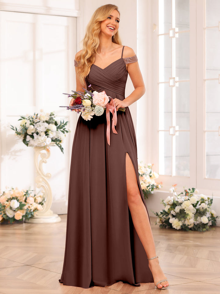 A-Line/Princess Spaghetti Straps Long Wedding Party Dresses with Split Side &amp; Pockets