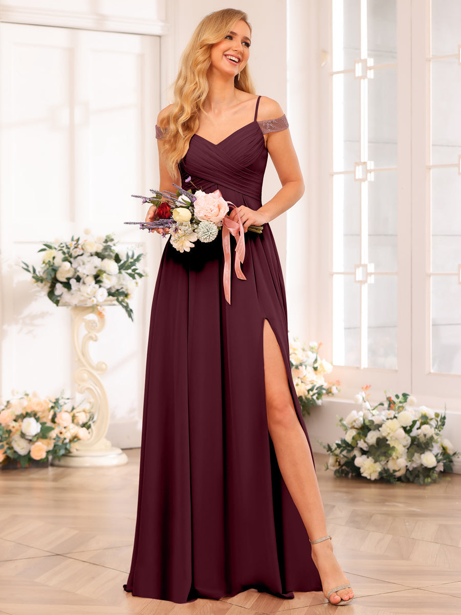 A-Line/Princess Spaghetti Straps Long Wedding Party Dresses with Split Side &amp; Pockets