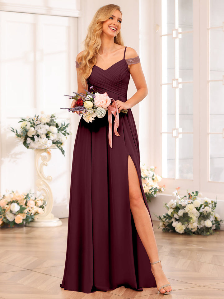 A-Line/Princess Spaghetti Straps Long Wedding Party Dresses with Split Side &amp; Pockets
