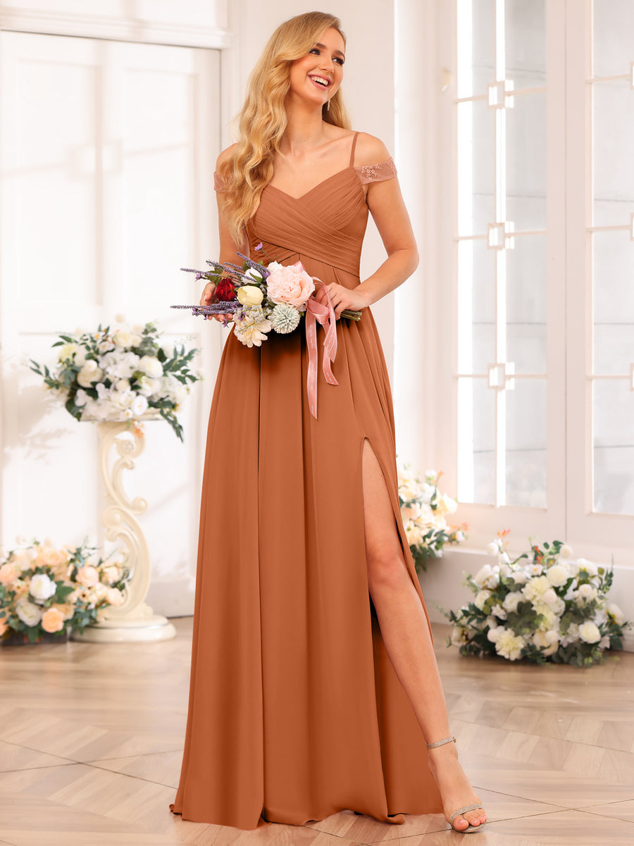 A-Line/Princess Spaghetti Straps Long Wedding Party Dresses with Split Side &amp; Pockets