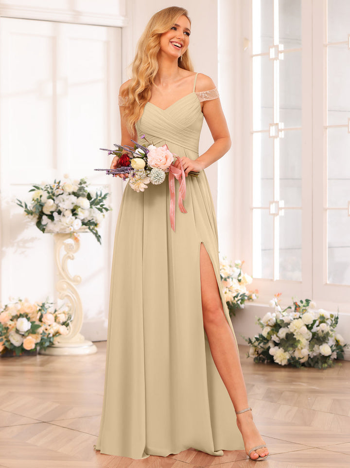 A-Line/Princess Spaghetti Straps Long Wedding Party Dresses with Split Side &amp; Pockets